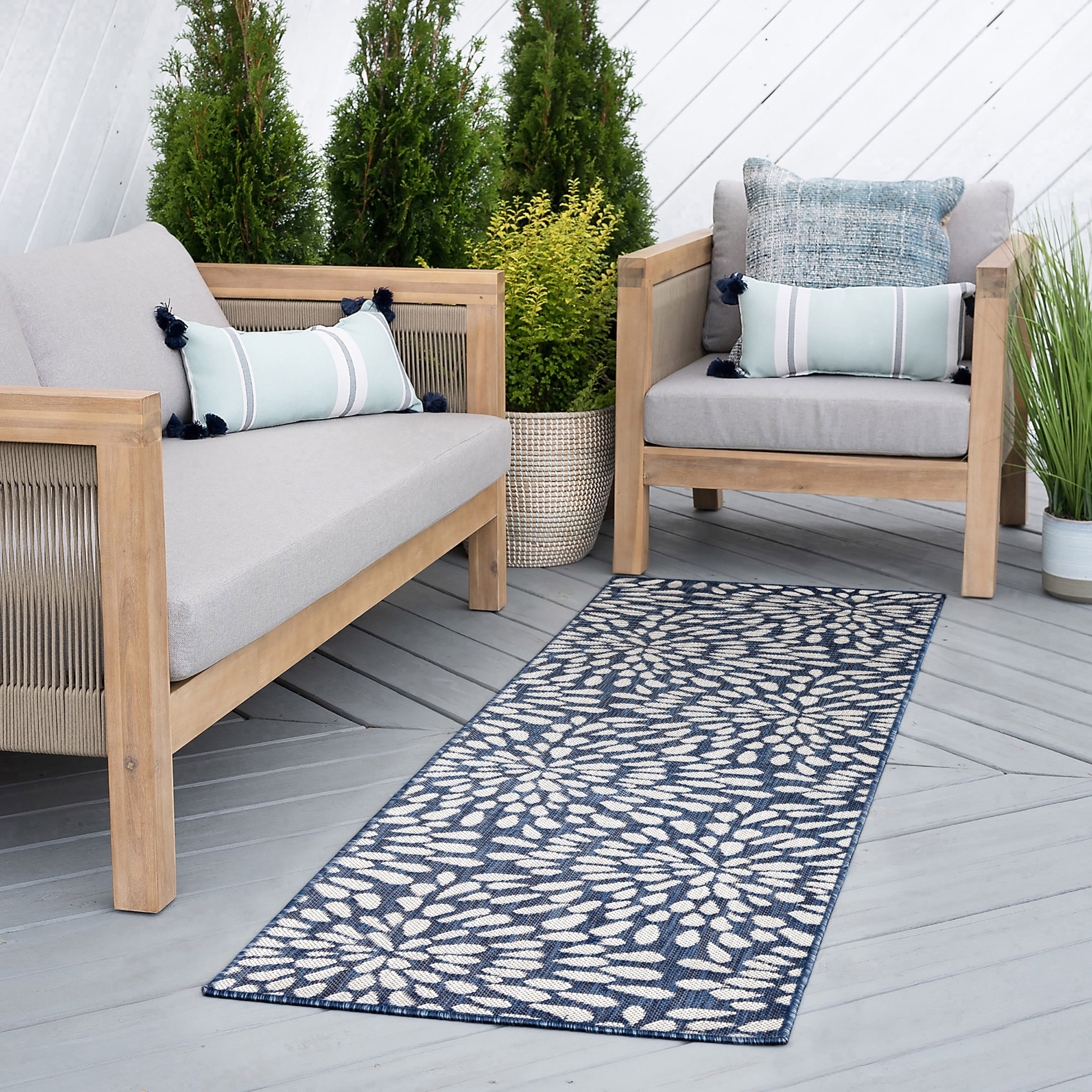 3x10 Water Resistant, Indoor Outdoor Runner Rugs for Patios, Hallway, Entryway, Deck, Porch, Balcony or Kitchen | Outside Area Rug for Patio | Navy, Floral | Size: 2'8'' x 9'11''