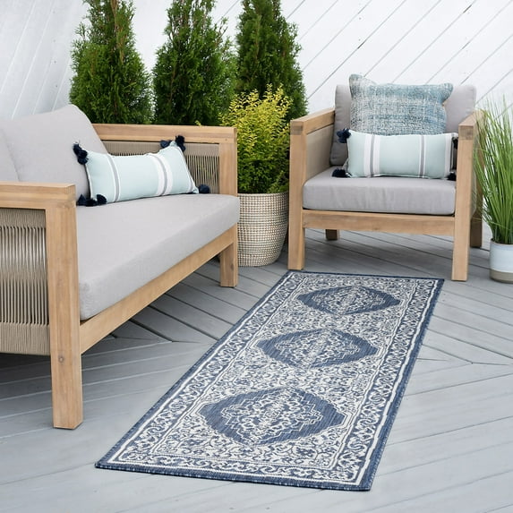 Bliss Rugs Floral Indoor Outdoor Rug Water Resistant Runner Rug for Patio, Hallway, Entryway, Deck, Navy ,3' x 10'