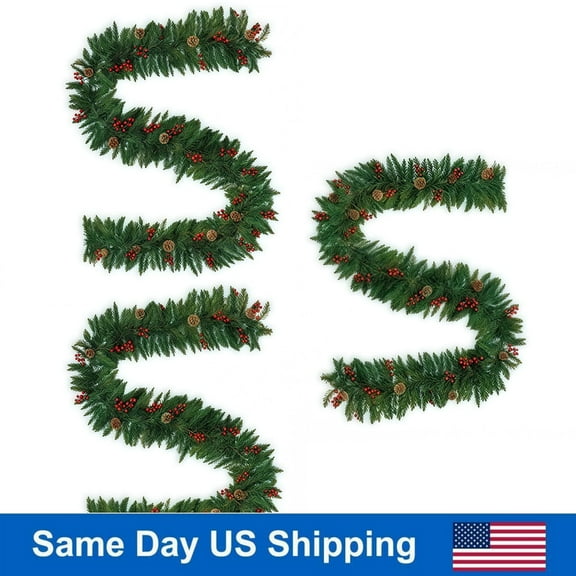 3x10FT Artificial Christmas Garland with Lifelike Red Berries - Premium Faux Pine Greenery for Indoor Outdoor Holiday Decorations