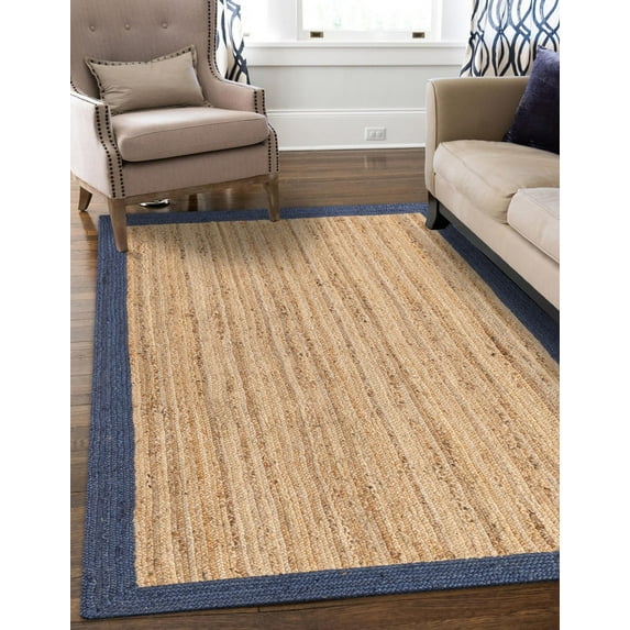 3x12 Ft Navy Blue & Natural Jute Area Rug, Hand-Woven, Reversible, Farmhouse Boho Style, Durable & Pet-Friendly Rug for Living Room, Dining Room, and Bedroom