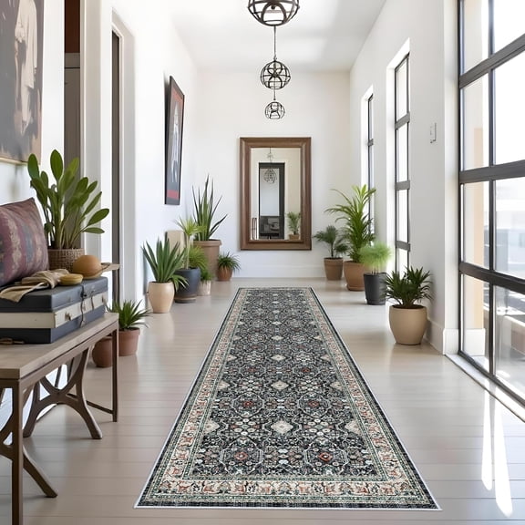 3x12 Washable Hallway Runner Rug: Oriental Long Ultra Soft Runners for Entryway Kitchen Thin Stain Resistant Low Pile 12ft Carpet for Living Room Bedroom Non Slip Bathroom Floor Mat(Black/Green,3x12)