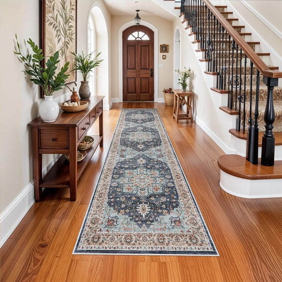 3x12 Washable Oriental Runner Rug, Floral Waterproof Stain Resistant Non-Shedding Carpet for Hallway Kitchen Bedroom, Blue/Teal/Orange