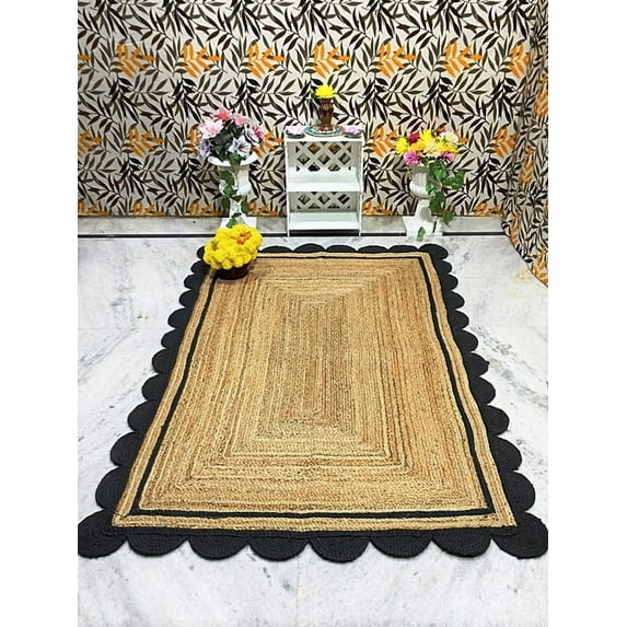 3x14 Ft Black & Natural Jute Premium Scalloped Jute Rug – Handcrafted Natural Braided Carpet for Living Room, Bedroom, Entryway – Boho Home Decor
