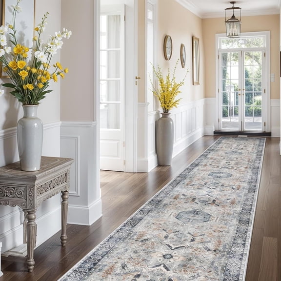 3x16 Hallway Runner Rug Washable - Kitchen Rug Runner Distressed Mats Non-Slip Soft Room Floor Carpet for Dining Room (Grey/Blue, 3x16)