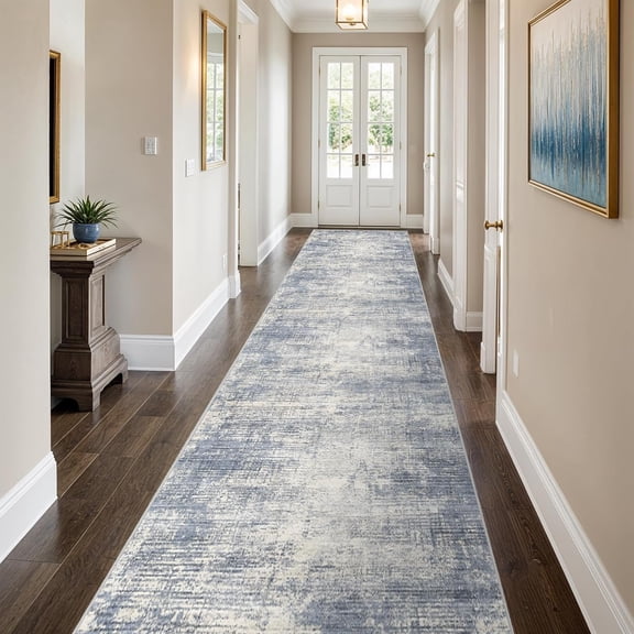 3x16 Hallway Washable Runner Rug - Non-Slip Kitchen Rugs with Rubber Backing Abstract Neutral Low-Pile Carpet Runners for Laundry Room Home Decor Bedroom Bathroom Entryway (Blue Gray,3x16)