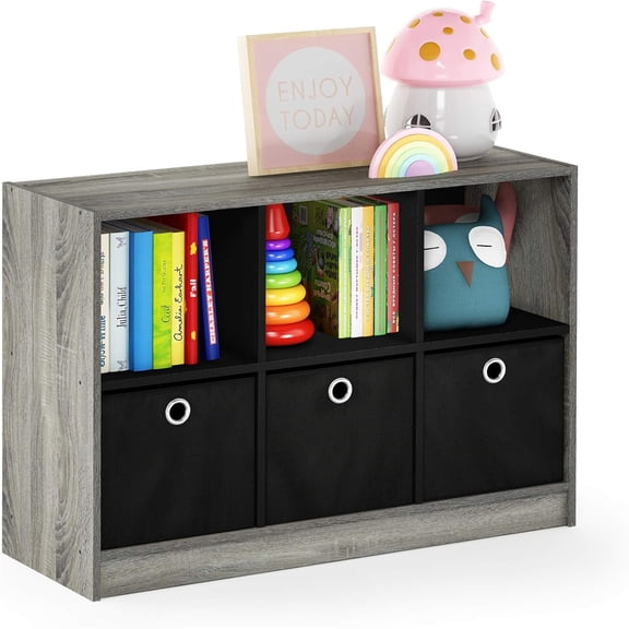 3x2 Cube Storage Bookcase Organizer with Bins, Oak Grey/Black