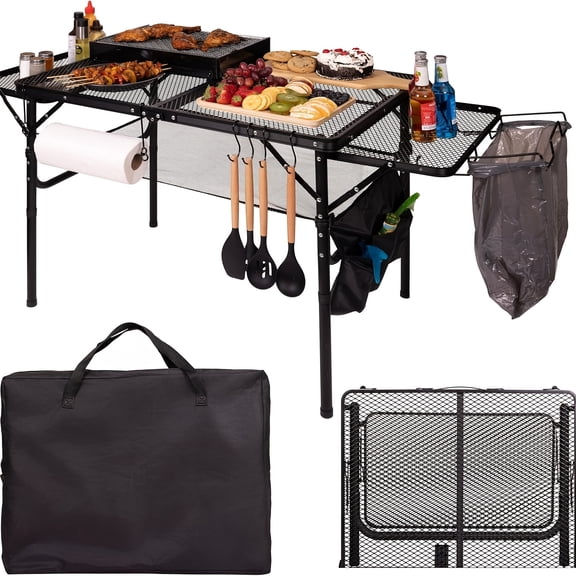 3x2 Foot Portable Folding Table with Adjustable Height, Carry Bag, Paper Towel and Garbage Holders, and Side Panels for Outdoor Activities