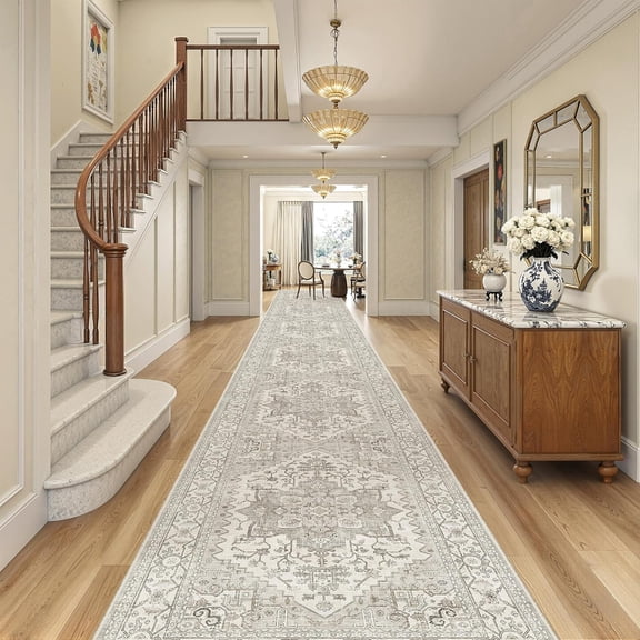 3x20 Hallway Runner Rug - Extra Long Carpet Runners for Hallways 20ft Non Slip Stain Resistant Rugs Runner for Living Room Bedroom 20 Feet Distressed Floor Carpet for Kitchen, Beige/Brown
