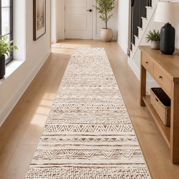 3x20 Washable Runner Rug - Extra Long Non-Slip Modern Moroccan Low Pile Indoor Floor Mat for Hallway Living Room Kitchen Entryway Geometric Beige