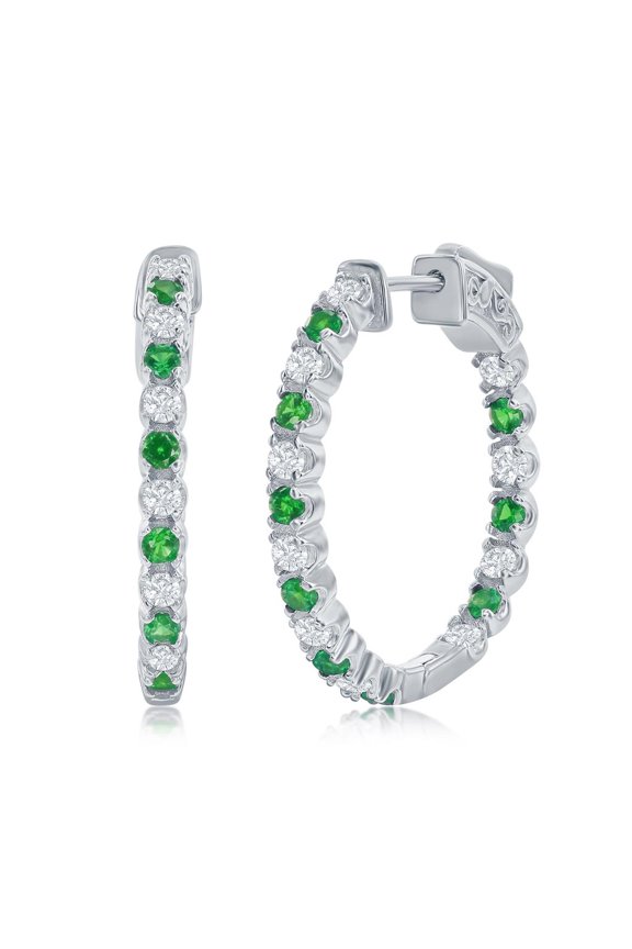 3x25mm Created Emerald and White Diamond CZ with Safety Lock Hoop Earrings| Sterling Silver Jewelry for Bride, Bridesmaid, Women, or Teens