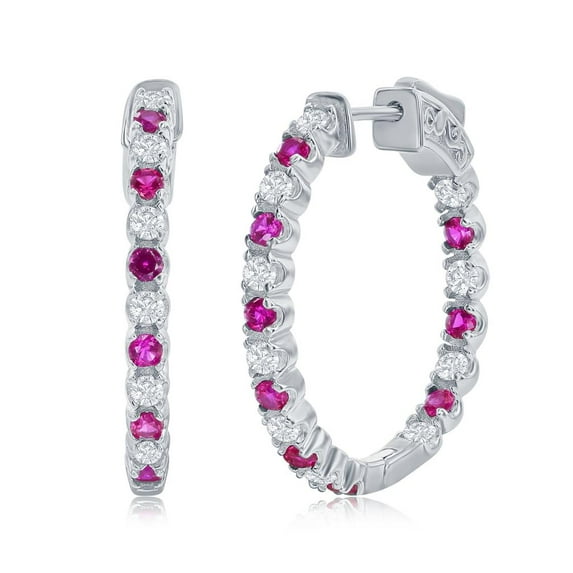 3x25mm Created Ruby and White Diamond CZ with Safety Lock Hoop Earrings| Sterling Silver Jewelry for Bride, Bridesmaid, Women, or Teens
