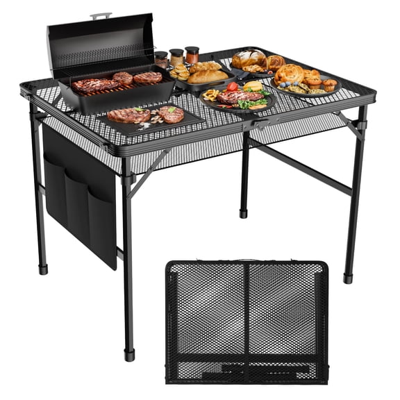 3x2FT Black Mesh Folding Grill Table Portable Outdoor BBQ Station With Side Pockets