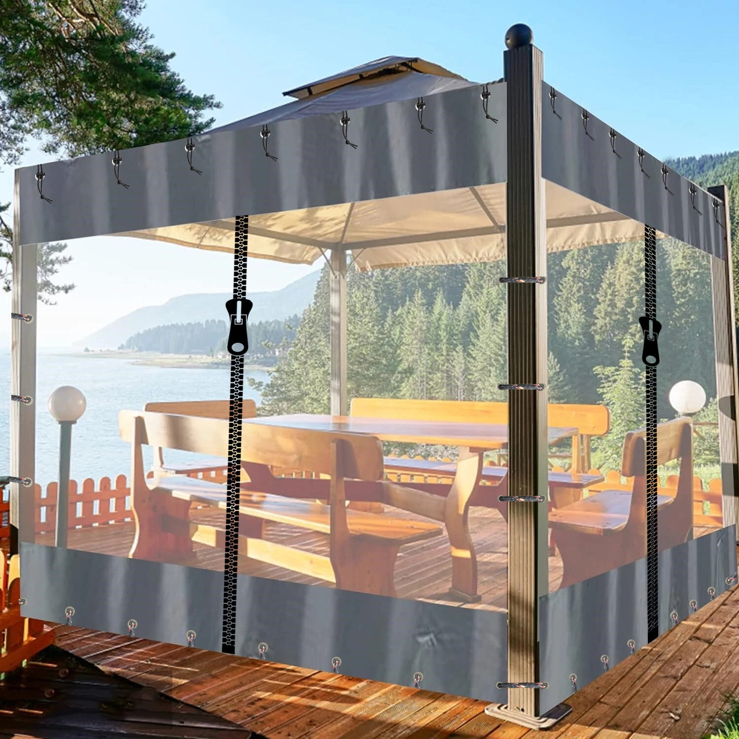 3x2m Clear PVC Outdoor Curtain Waterproof Transparent Patio Panel Windproof UV-Resistant Tarp for Pergola/Gazebo/Porch