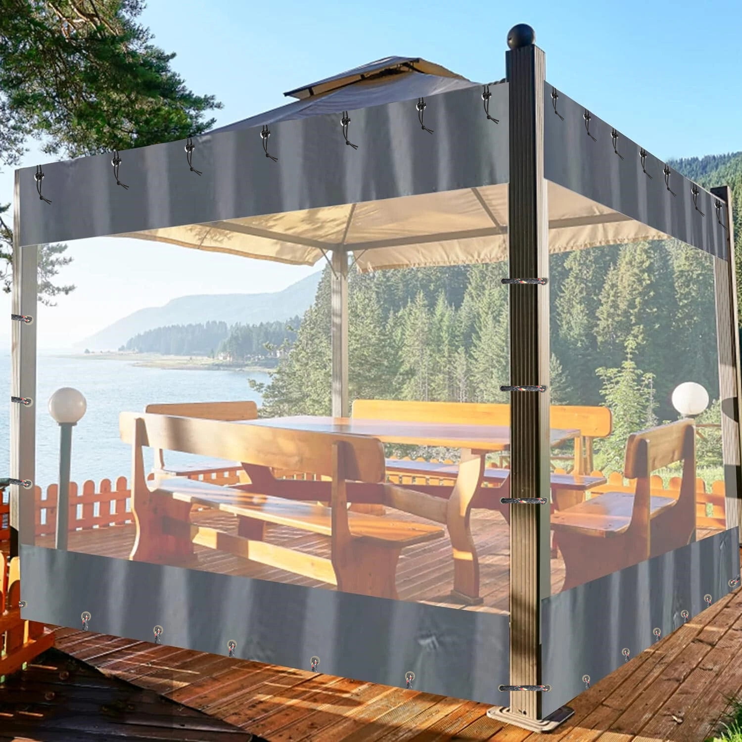 3x2m Clear PVC Outdoor Curtain Waterproof Transparent Patio Panel Windproof UV-Resistant Tarp for Pergola/Gazebo/Porch