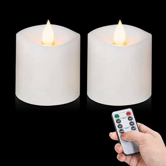 3x3 Flameless Candles Battery Operated with Remote Timer, Last 600 Hours Battery Candles Flickering, White Real Wax Electric LED Candle for Wedding Party, Set of 2
