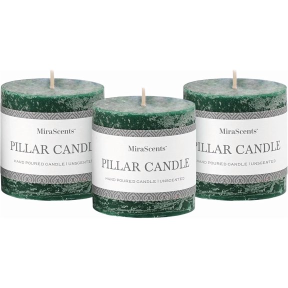 3x3 Inch Dark Green Pillar Candles Set of 3 - Hand-Poured Unscented Candles, Long Clean Burning, Dusty Sage Candle, Smokeless Dripless Candle for Dinner Table, Wedding, Home, Rustic Decor