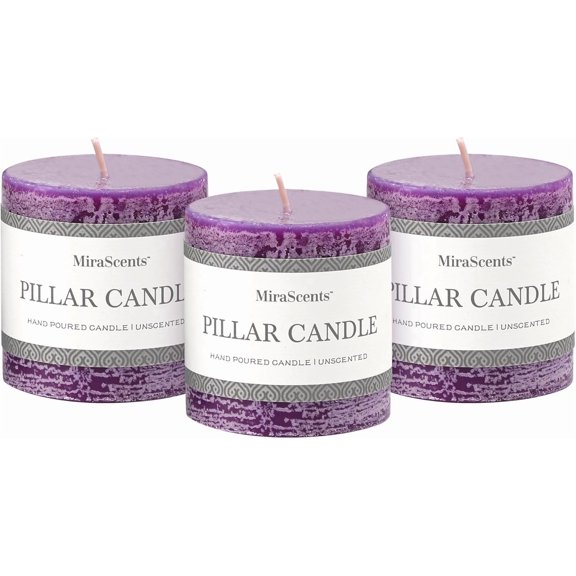 3x3 Inch Purple Pillar Candles Set of 3 - Hand-Poured Unscented Candles, Long Clean Burning, Large Big Candle, Smokeless Dripless Candle for Dinner Table, Wedding, Home, Bathroom, Rustic Decor