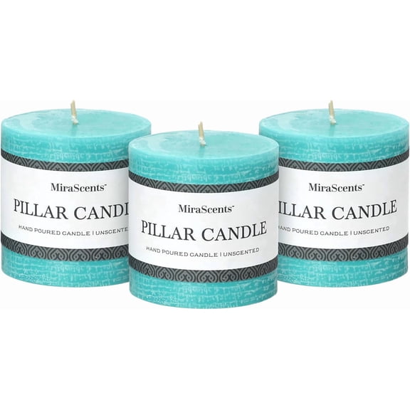3x3 Inch Turquoise Pillar Candles Set of 3 - Unscented Candles, Long Clean Burning, Large Big Candles, Smokeless Dripless Pillar Candles for Dinner Table, Wedding, Home, Bathroom, Rustic Decor