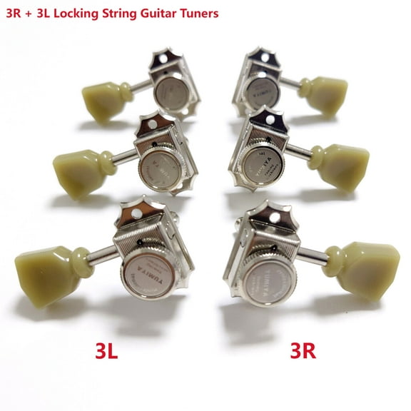 3x3 Vintage Style Locking Guitar Machine Heads Lock String Deluxe Tuning Key Pegs Tuners Set Replacement for Electric, Acoustic or Folk Guitars Replacement parts - 3R 3L nickel