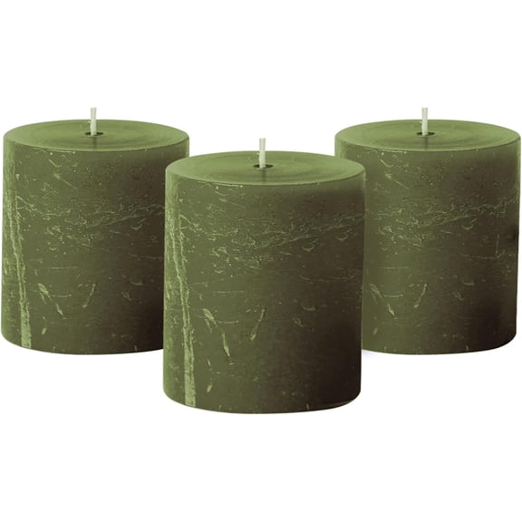 3x3 inch Dark Moss Green Pillar Candles Set of 3, Rustic Texture, Unscented Green Candles, Dripless Candles, 3 inch Pillar Candles for Wedding Parties Spas Dinner Home Decoration Church