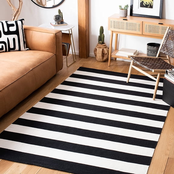 3x3Ft Square Handwoven Cotton Accent Rug, Black Ivory Farmhouse Stripe Flatweave Rug for Living Room Bedroom Dining Home Decor