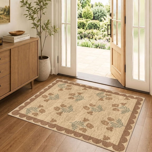 3x4 Floral Entry Rug - Indoor Outdoor Mats for Front Door Non-Slip | Small Washable Jute-Look Porch Rug Boho Tan Scalloped Throw Rugs for Living Room Bedroom Entryway Kitchen Office Porch Decor