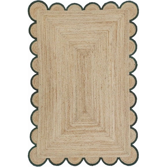 3x4 Ft Green Border Premium Scalloped Jute Rug – Handcrafted Natural Braided Carpet for Living Room, Bedroom, Entryway, Boho Home Decor