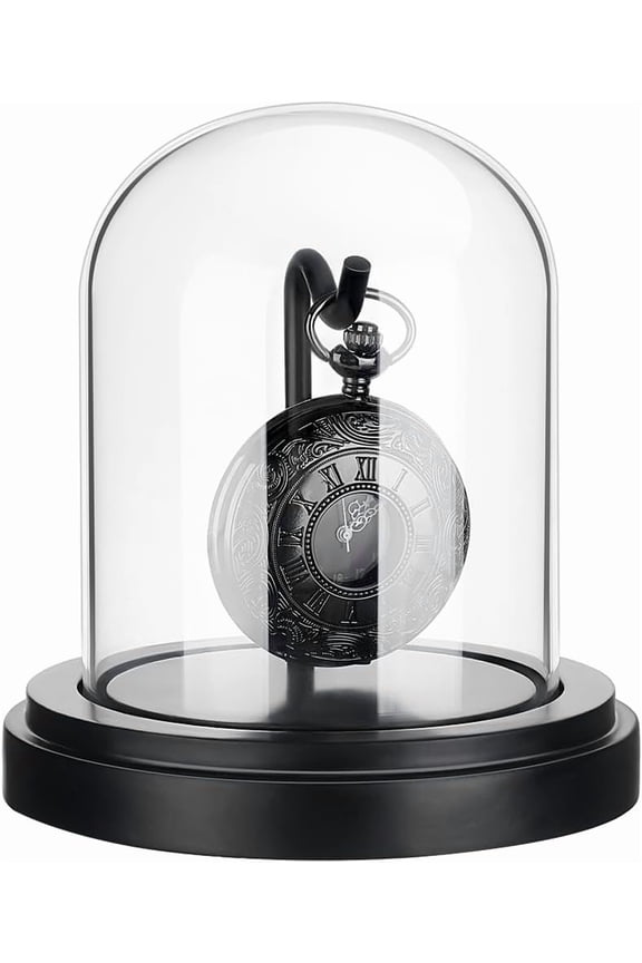 3x4 inch Pocket Watch Display Case Watch Glass Display Dome Cloche Black Dome Cloche Wooden Base with Metal Hook for Pocket Watch Medals Collectibles Photos Ornaments