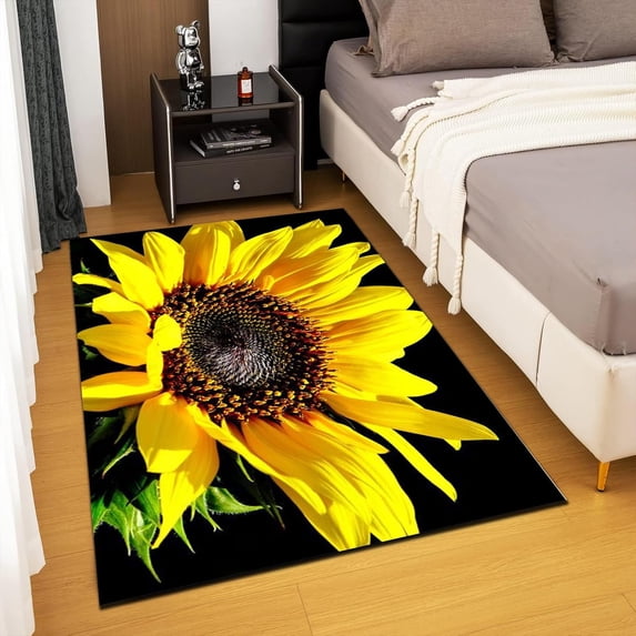 3x4ft Crystal Velvet Rug, Sunflower Design Mat, Yellow Floral Decor Rug, Bedroom Living Room, Washable & Non Slip & Soft Low Pile Large Area Carpet, Indoor/Outdoor