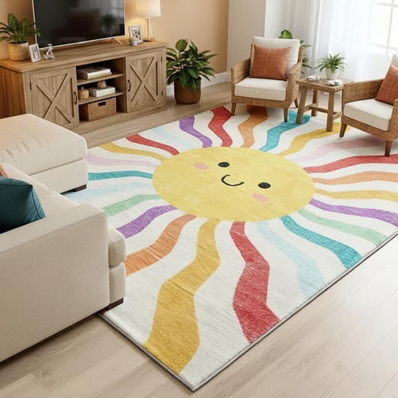 3x4ft Sun Rug with Smile Face, Rainbow Educational Carpet for Kids, Boho Nursery Playroom Mat, Girls Boys Bedroom Living Room Decor