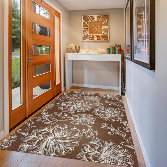 3x5   1/10" Ultra Thin Front Door Mat Indoor Entryway Area Rug for Inside Entry, Non Slip Washable Rubber Interior Door Mats Entrance , Baroque Brown