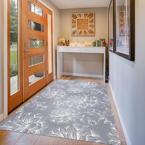 3x5 1/10" Ultra Thin Front Door Mat Indoor Entryway Area Rug for Inside Entry, Non Slip Washable Rubber Interior Door Mats Entrance , Baroque Grey