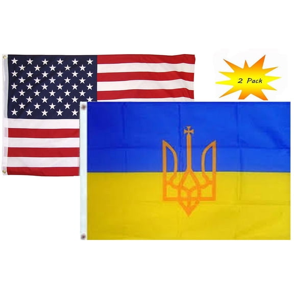 3x5 3x5 Wholesale Set (2 Pack) USA American & Ukraine Large Trident Flag