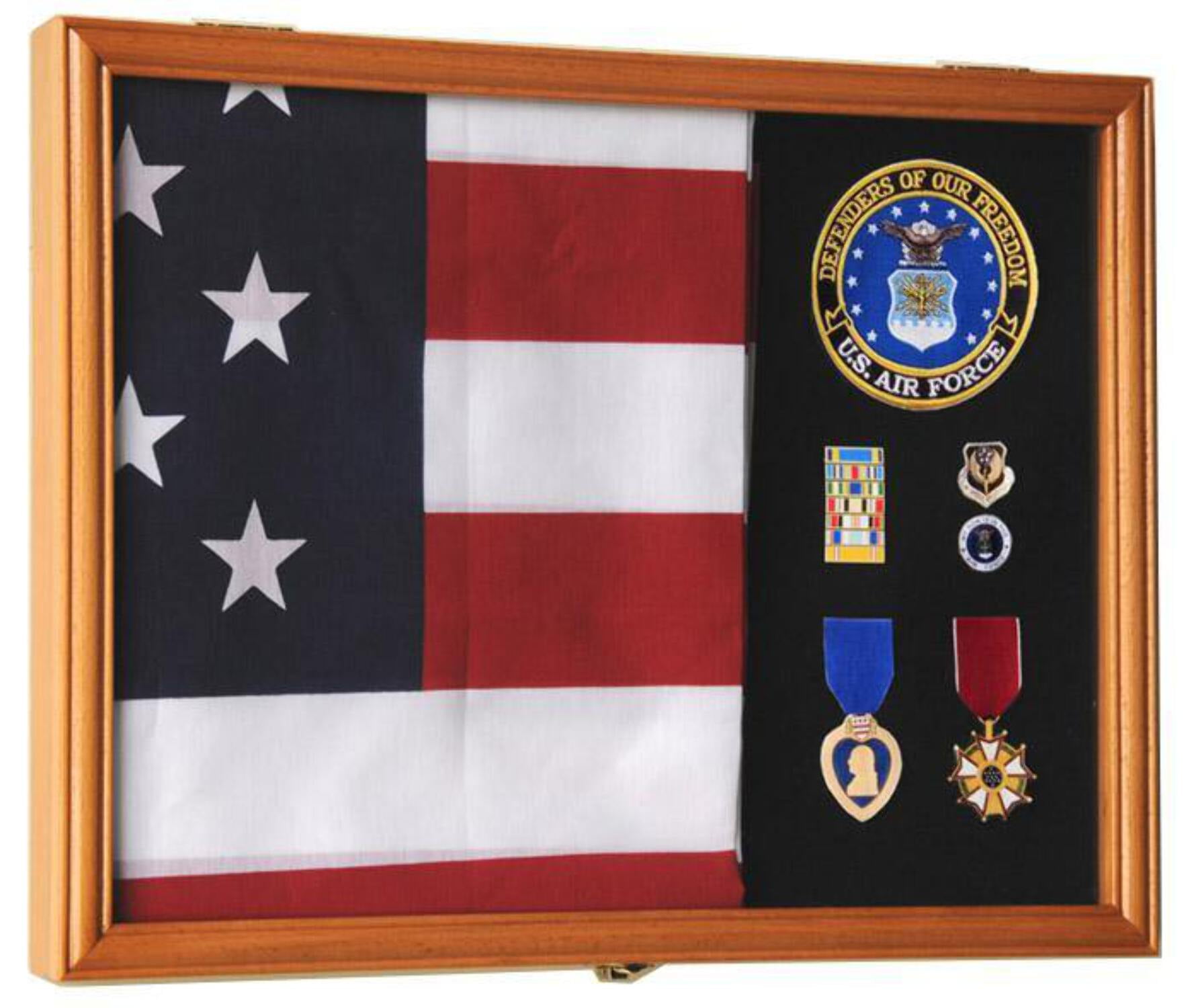 Thin Blue Line Challenge Coin Display Case With 3'x5' Flag Case - Solid Wood, Mahogany & White Finish