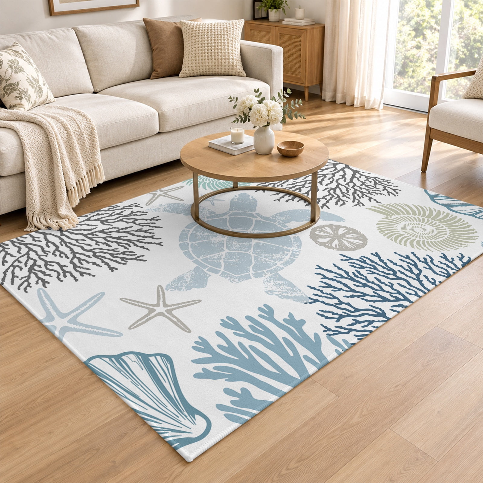 3x5 Area Rug, Blue Beige Coastal Turtle Low Pile Washable Rugs for ...