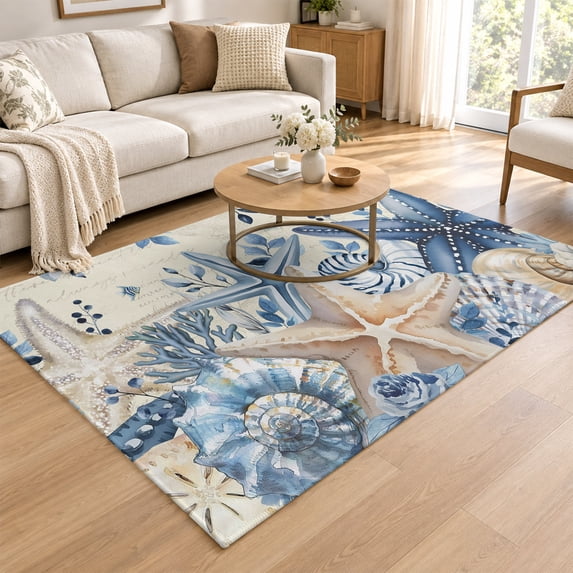 3x5 Area Rug, Blue Starfish Coastal Low Pile Washable Rugs for Entryway ...