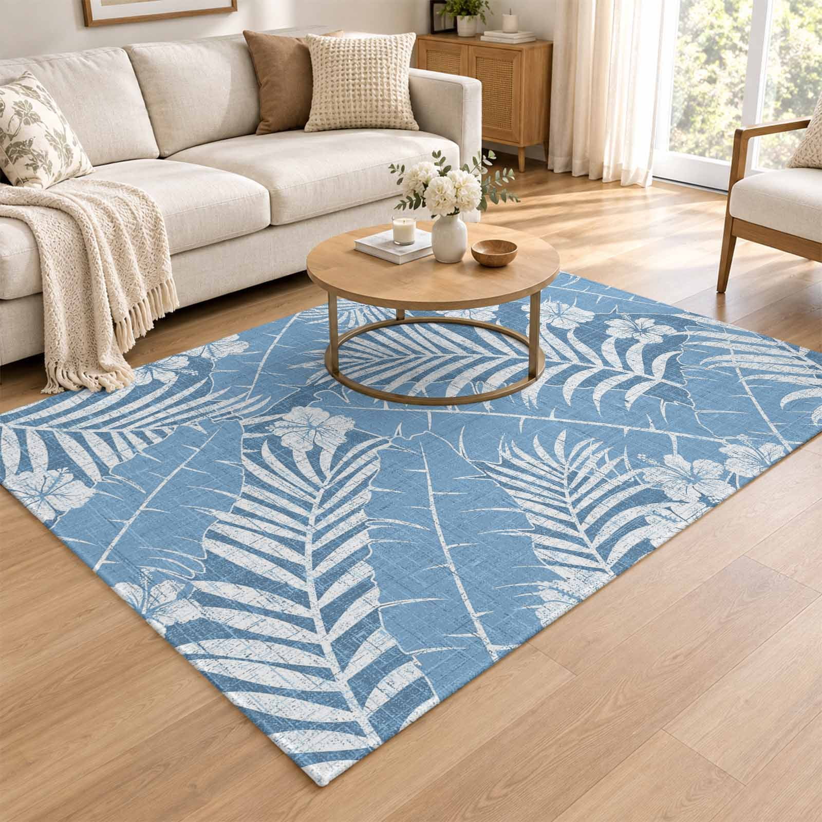 3x5 Area Rug, Blue Tropical Plants Low Pile Washable Rugs for Entryway ...