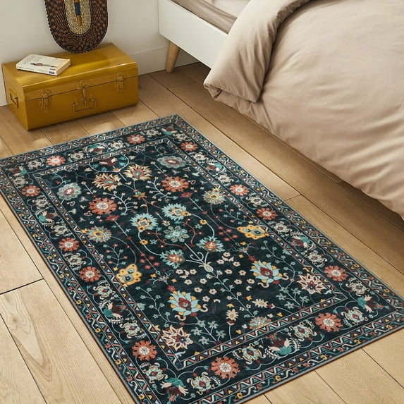 Toyoso 3x5 Area Rug Living Room Rugs - Machine Washable Traditional Floral Rug Non-Slip Classic Farmhouse Entryway Mat for Indoor Front Door, Kitchen, and Home Décor – Black