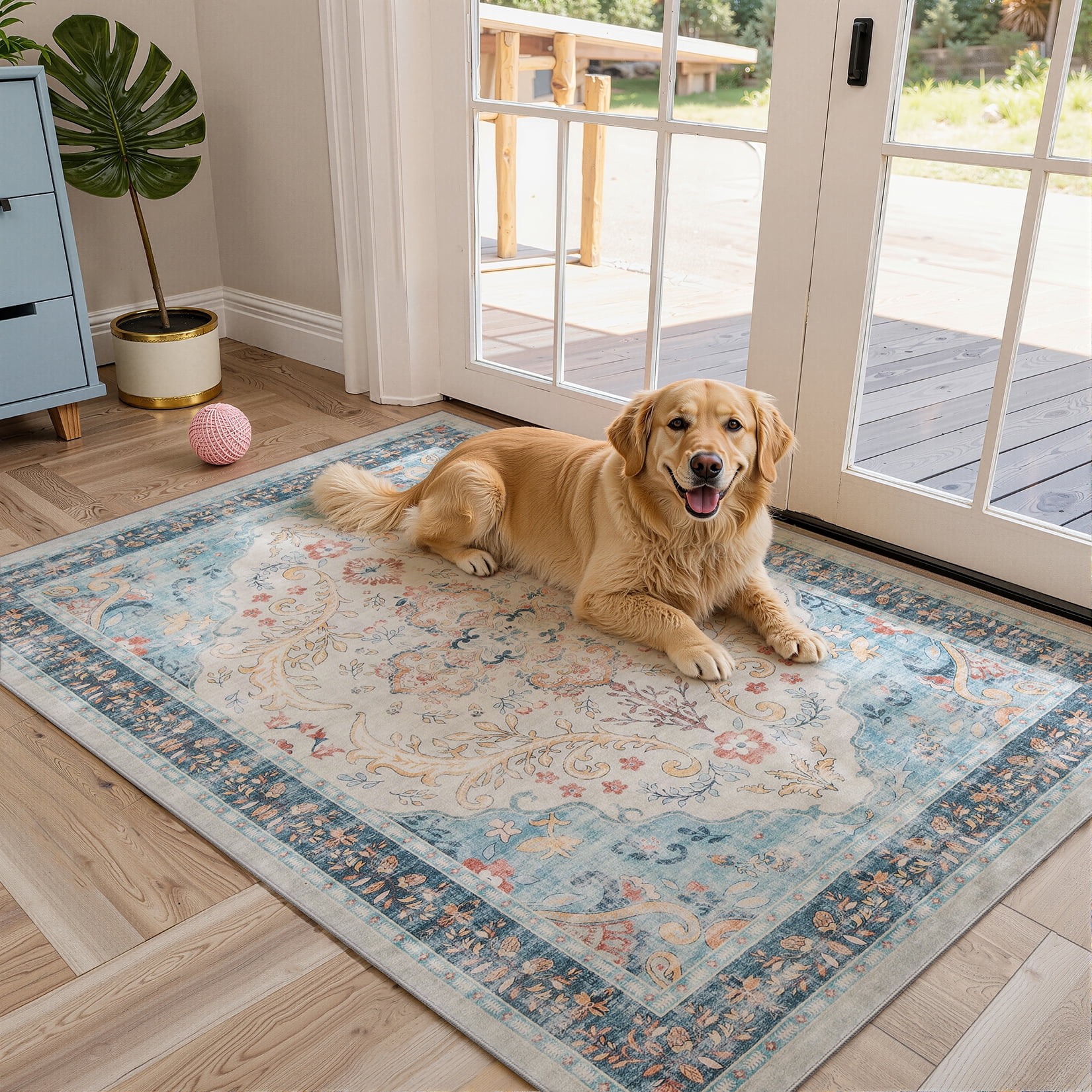 Toyoso 3x5 Area Rug Living Room Rugs - Vintage boho Decor Floral Area Rugs for Bedroom Dining Room Machine Washable Farmhouse Floral Carpet- Blue