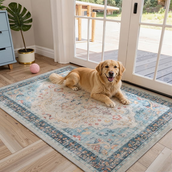 Toyoso 3x5 Area Rug Living Room Rugs - Vintage boho Decor Floral Area Rugs for Bedroom Dining Room Machine Washable Farmhouse Floral Carpet- Blue