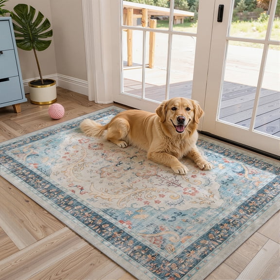 Toyoso 3x5 Area Rug Living Room Rugs - Vintage boho Decor Floral Area Rugs for Bedroom Dining Room Machine Washable Farmhouse Floral Carpet- Blue
