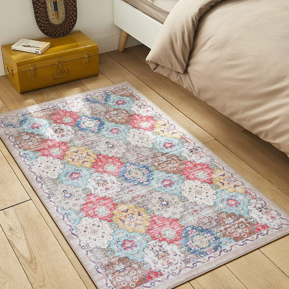 Toyoso 3x5 Area Rug Living Room Rugs - Washable Vintage Floral Soft Thin Large Rug Indoor Floor No Slip Rug Carpet for Bedroom Under Dining Table Home Office Decor - Multi Red