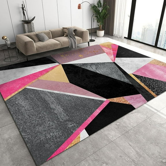3x5 Area Rug, Pink Gray Black Marble Texture Room Rug, Irregular Geometry Light Luxury Decor Rug, Washable Carpet Non-Slip Easy to Clean for Bedroom Living Room Hotel