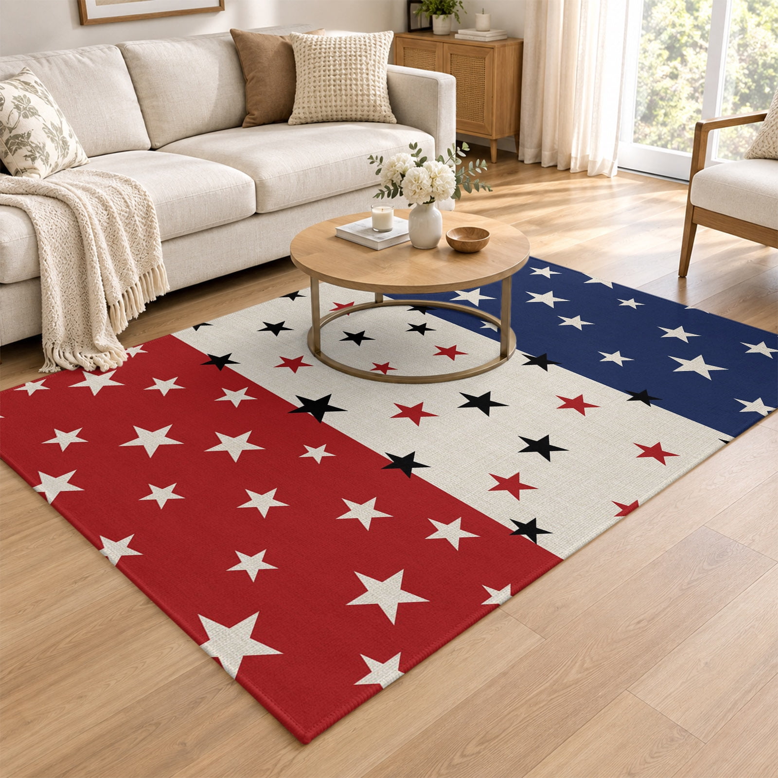 Blue Red Office Rug 3x5 Area Rug, Red Blue Stars 4th of July Low Pile Washable Rugs for ...