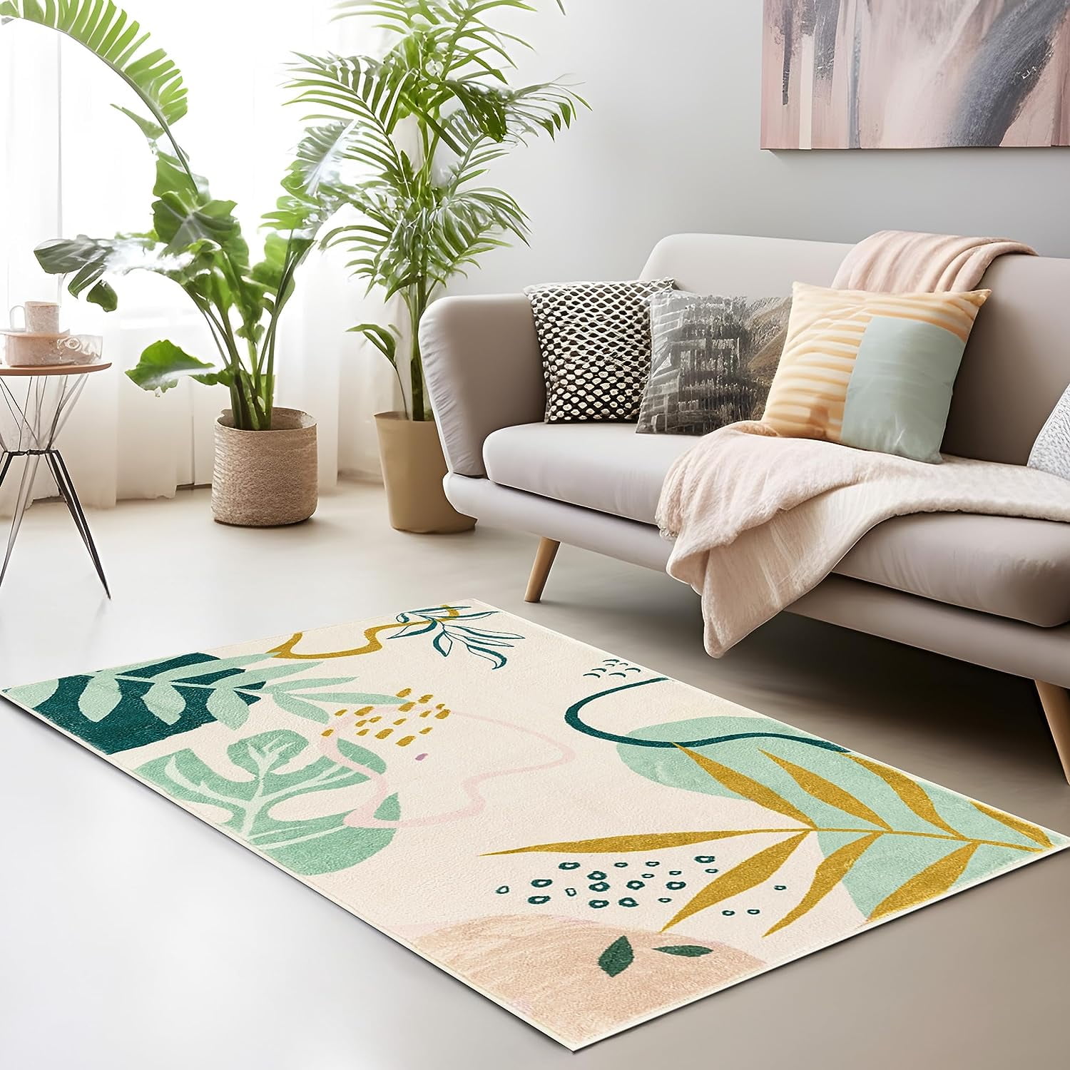 3x5 Area Rug, Small Boho Botanical Print Rug, Non Slip Backing Low Pile