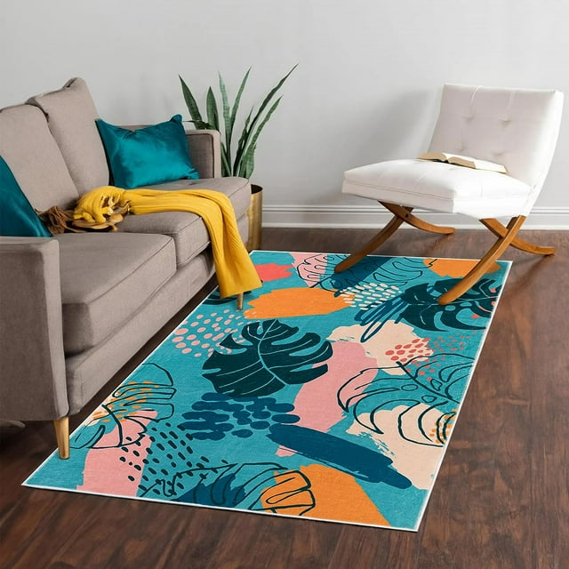 3x5 Area Rug, Small Boho Botanical Print Rug, Non Slip Backing Low Pile