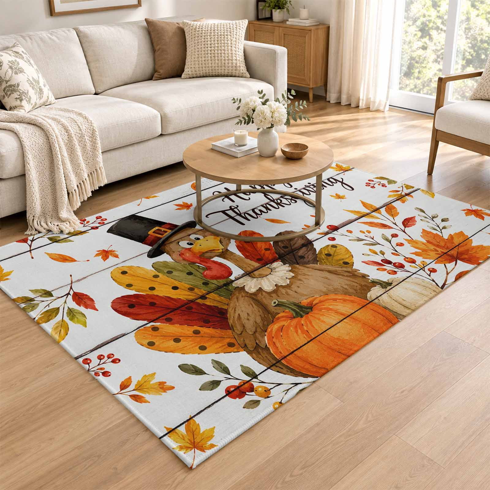 Fall Photo With Auto 3x5 Area Rug, Turkey Thanksgiving Low Pile Washable Rugs for Entryway ...