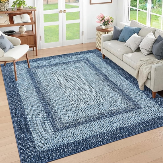 3x5 Area Rug, Washable Rug for Bedroom Braided Printed Throw Mat, Living Room Area Rug Non Slip Stain Resistant Small Dining Room Rug, Rustic Accent Small Carpet for Entryway Home Decor, Blue
