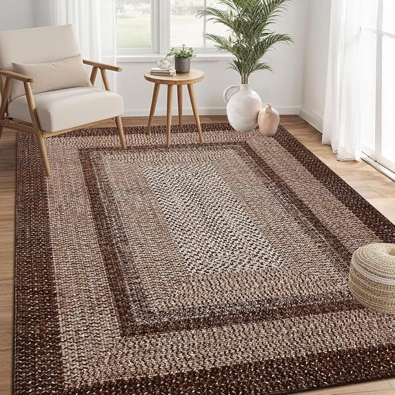 3x5 Area Rug, Washable Rug for Bedroom Braided Printed Throw Mat, Living Room Rug Non Slip Stain Resistant Small Dining Room Carpet, Rustic Accent Small Carpet for Entryway Home Decor, Brown