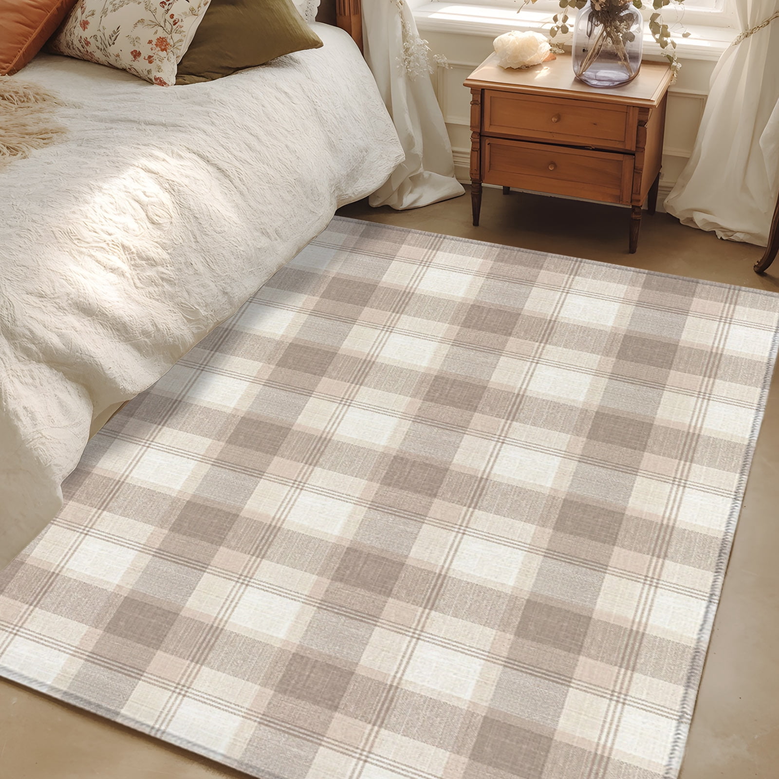 3x5 Area Rugs, Beige Checked Non-Skid Rubber Backing Large Rectangle ...